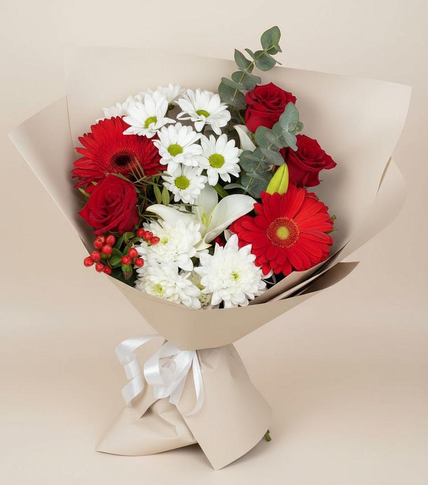 Букет цветов из: Розы, Хризантемы, Герберы и Лилии в Красногвардейский