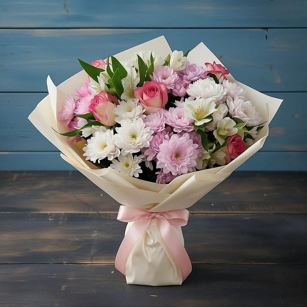 Букет цветов из: Хризантемы, Альстромерии и Розы в Красногвардейский